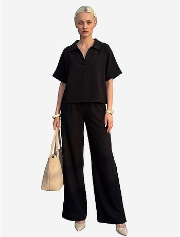 Conjunto de dos piezas de lino y algodón con cuello en v y manga corta de my fashion