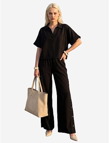 Conjunto de dos piezas de lino y algodón con cuello en v y manga corta de my fashion