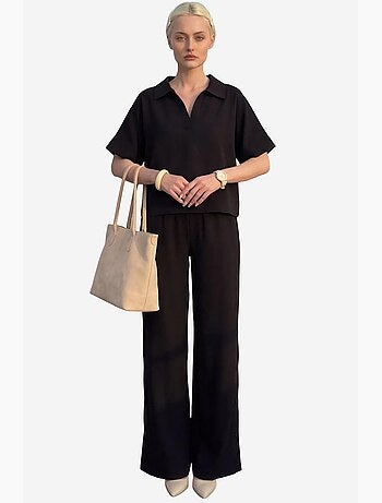Conjunto de dos piezas de lino y algodón con cuello en v y manga corta de my fashion