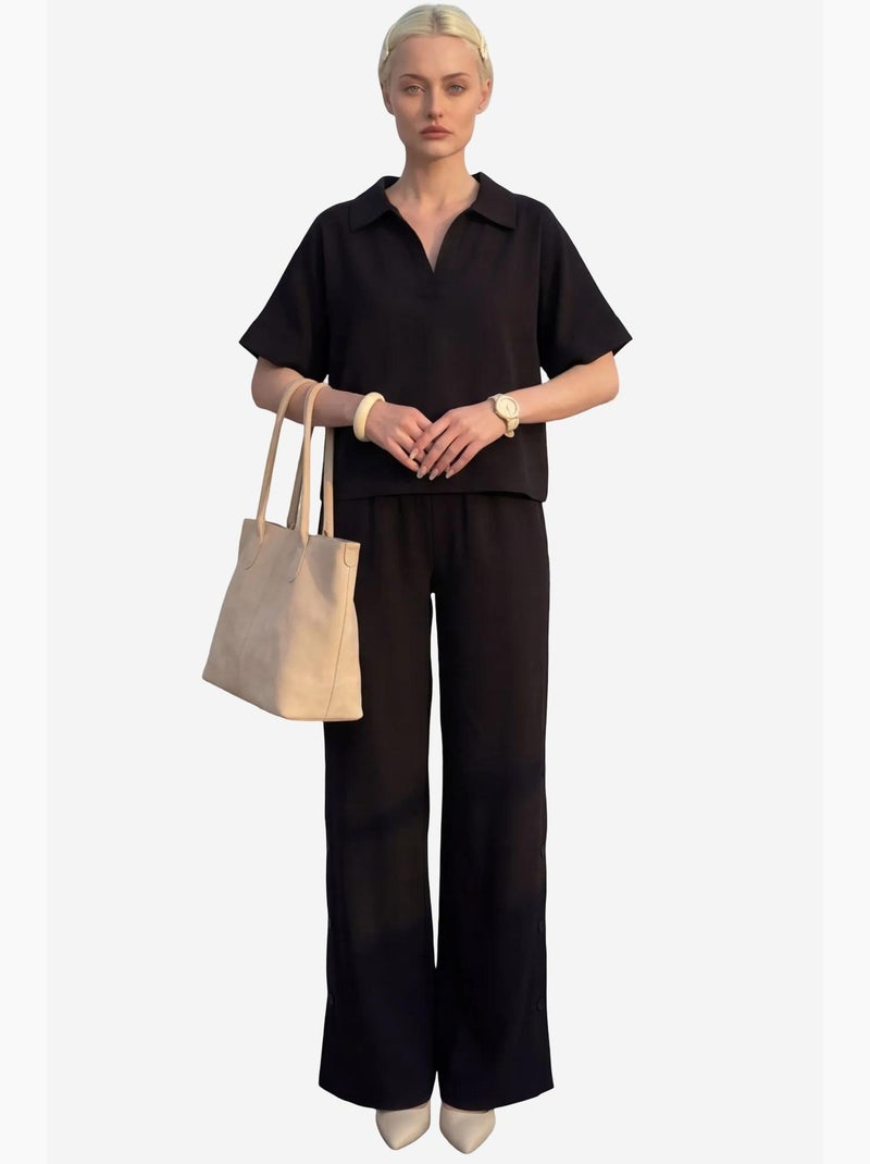 Conjunto de dos piezas de lino y algodón con cuello en v y manga corta de my fashion Negro - Kiabi