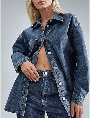 Conjunto de dos piezas de mezclilla de cintura alta con cuello de chaqueta hiccup