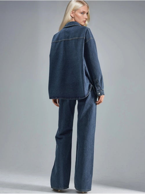 Conjunto de dos piezas de mezclilla de cintura alta con cuello de chaqueta hiccup - Kiabi