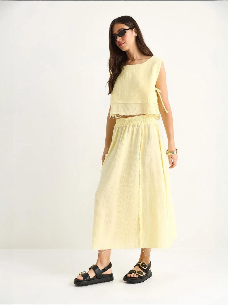 Conjunto de dos piezas de muselina corta con falda de cintura elástica y lazo lateral de bianco Amarillo limón - Kiabi