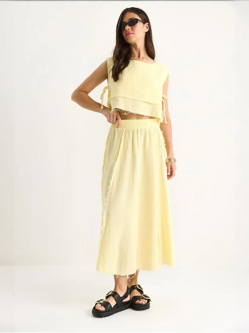 Conjunto de dos piezas de muselina corta con falda de cintura elástica y lazo lateral de bianco Amarillo limón - Kiabi
