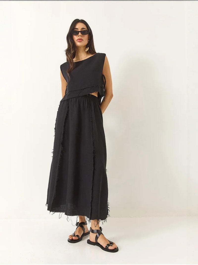Conjunto de dos piezas de muselina corta con falda de cintura elástica y lazo lateral de bianco Negro - Kiabi