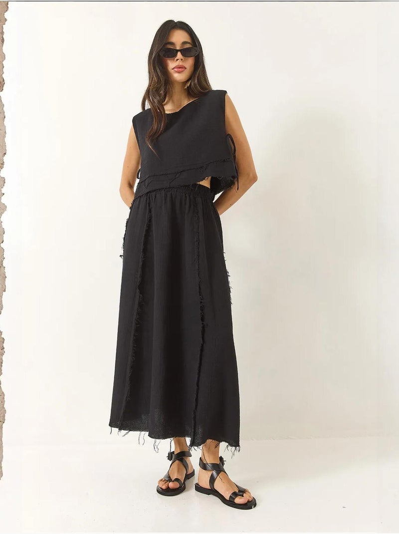 Conjunto de dos piezas de muselina corta con falda de cintura elástica y lazo lateral de bianco Negro - Kiabi