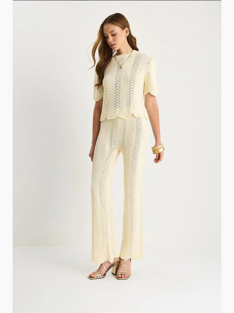 Conjunto de dos piezas de punto a rayas con cintura alta y largo lucci Crema - Kiabi