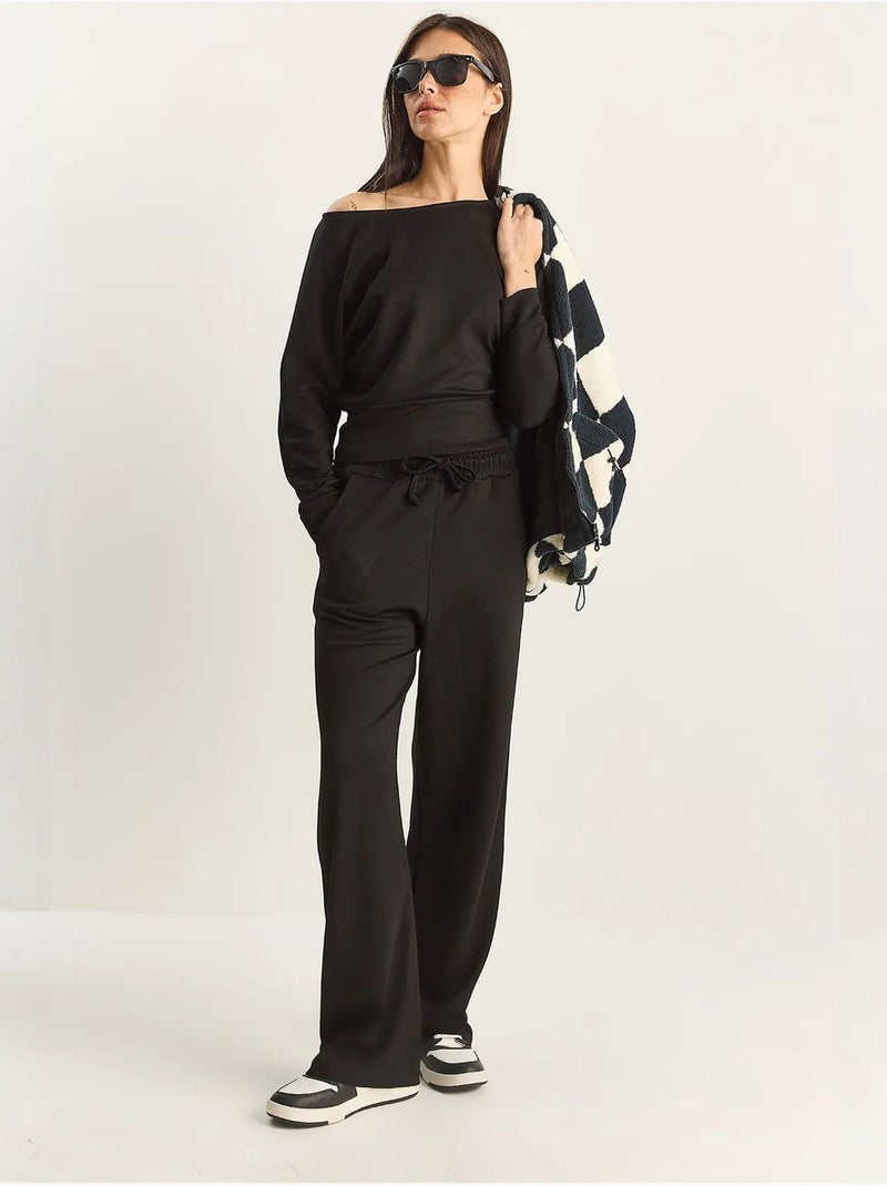 Conjunto de dos piezas de punto con cuello asimétrico y cintura alta de lucci Negro - Kiabi