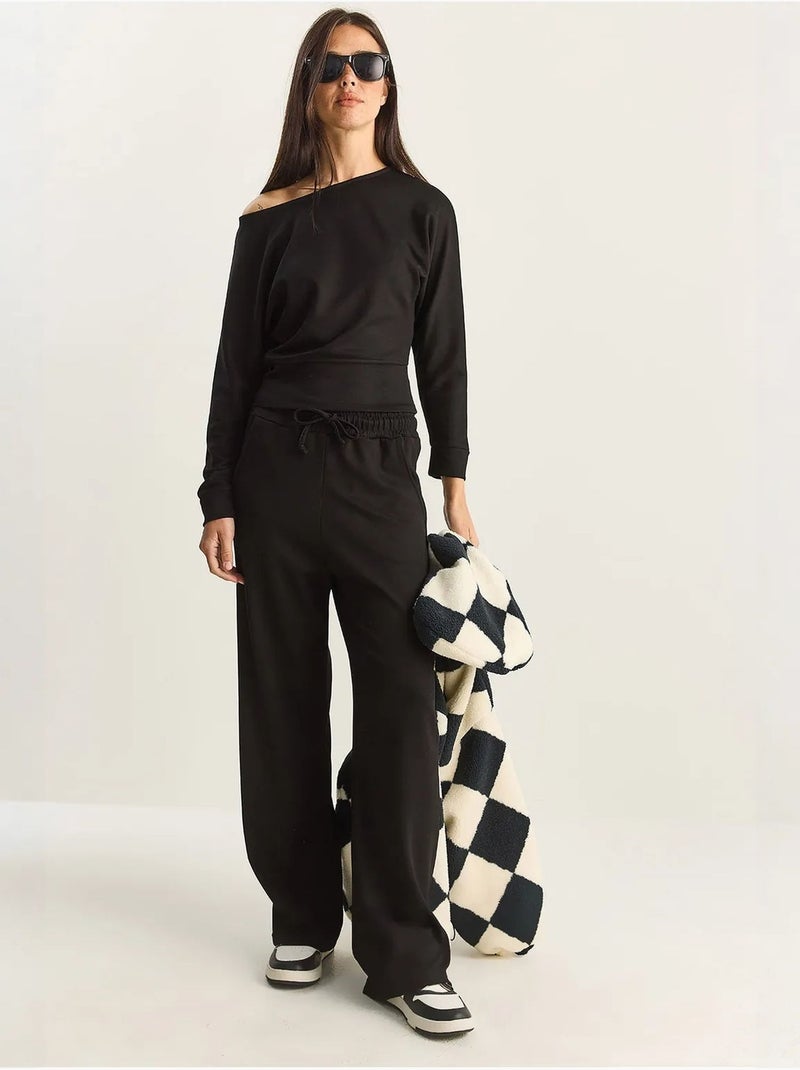 Conjunto de dos piezas de punto con cuello asimétrico y cintura alta de lucci Negro - Kiabi