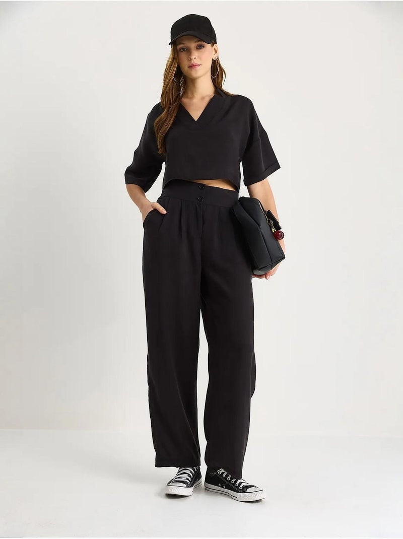 Conjunto de dos piezas de punto con cuello en v y pantalones de pierna ancha de lucci Negro - Kiabi