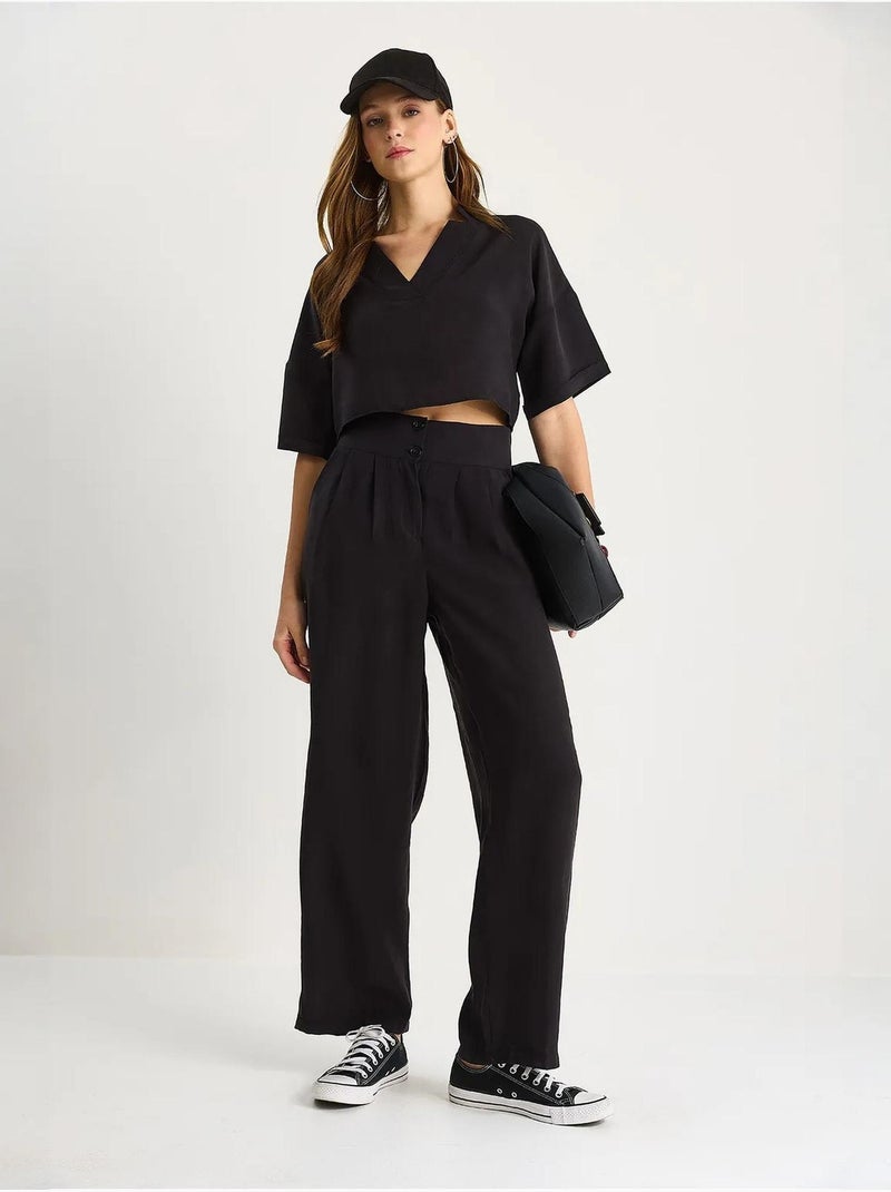 Conjunto de dos piezas de punto con cuello en v y pantalones de pierna ancha de lucci Negro - Kiabi