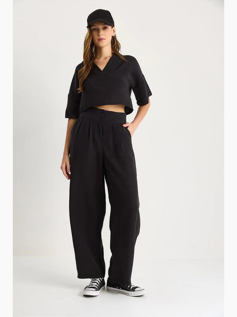 Conjunto de dos piezas de punto con cuello en v y pantalones de pierna ancha de lucci Negro - Kiabi