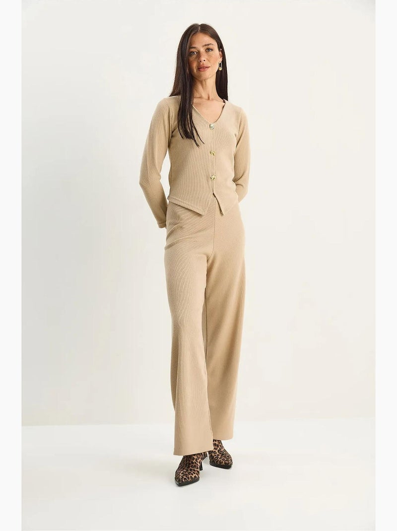 Conjunto de dos piezas de punto con cuello en v y pierna ancha de lucci Beige arcilla - Kiabi