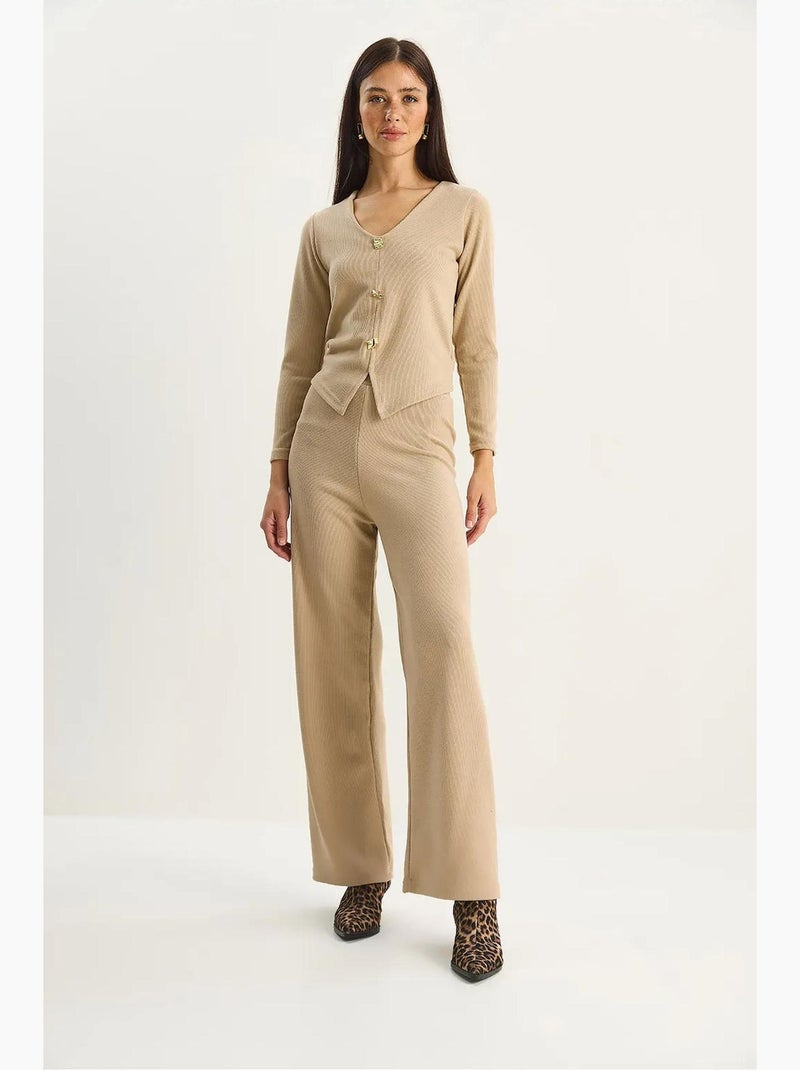 Conjunto de dos piezas de punto con cuello en v y pierna ancha de lucci Beige arcilla - Kiabi