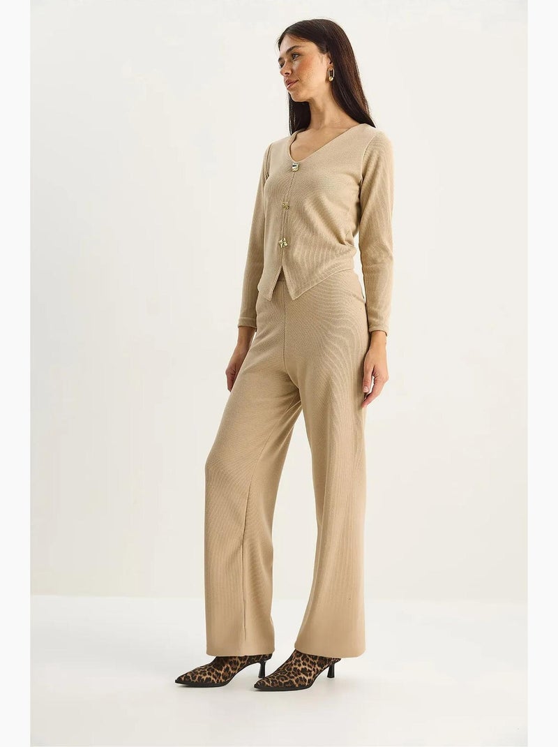 Conjunto de dos piezas de punto con cuello en v y pierna ancha de lucci Beige arcilla - Kiabi