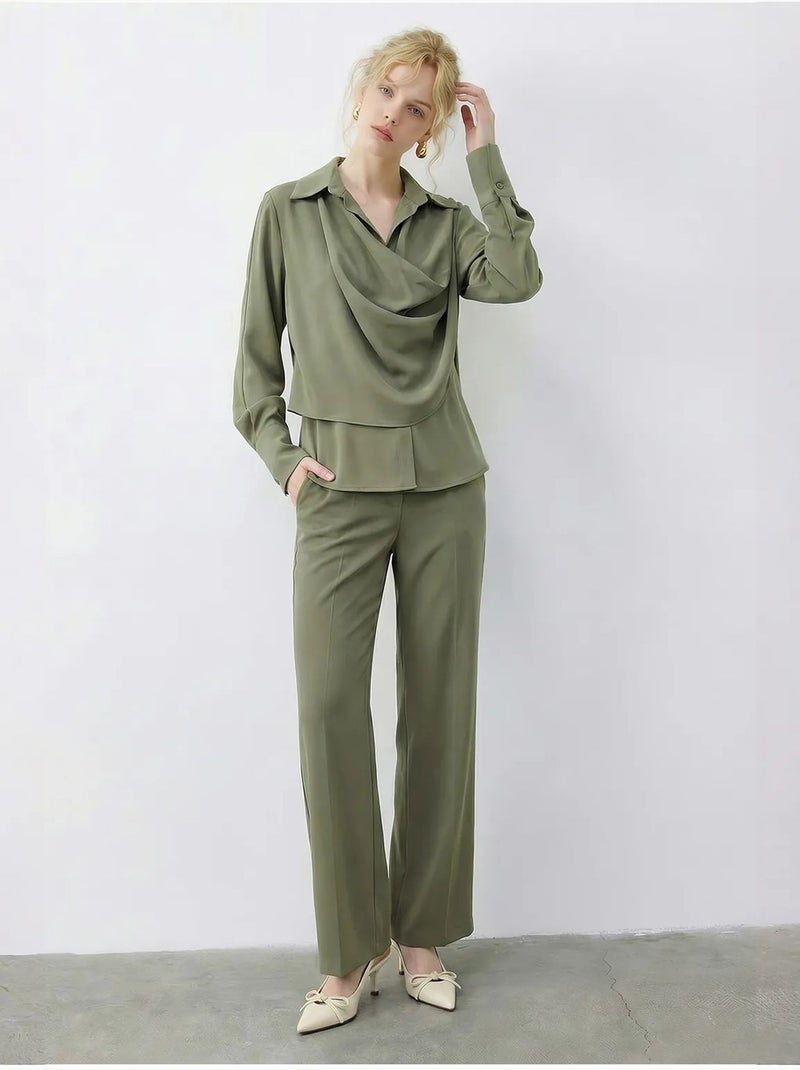 Conjunto de dos piezas de talle alto y pierna ancha con cuello de camisa. Lucci Verde caqui - Kiabi