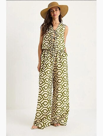 Conjunto de dos piezas de viscosa estampada con blusa con detalle anudado lucci