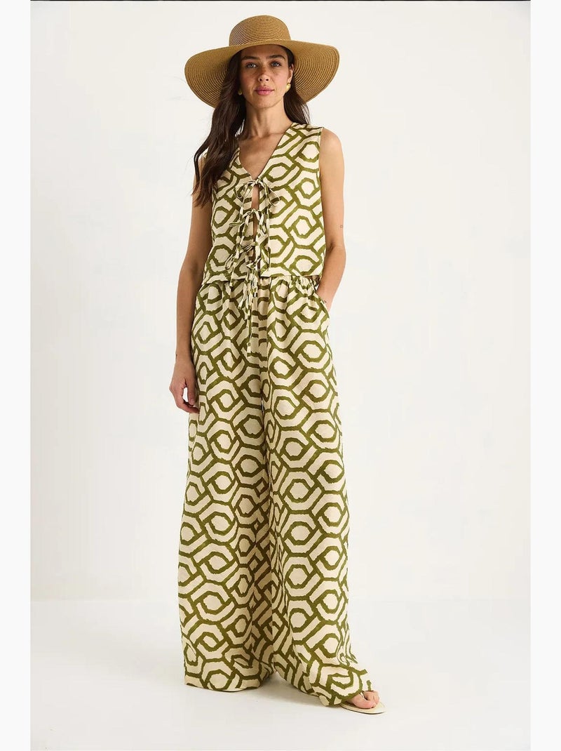 Conjunto de dos piezas de viscosa estampada con blusa con detalle anudado lucci Verde caqui - Kiabi