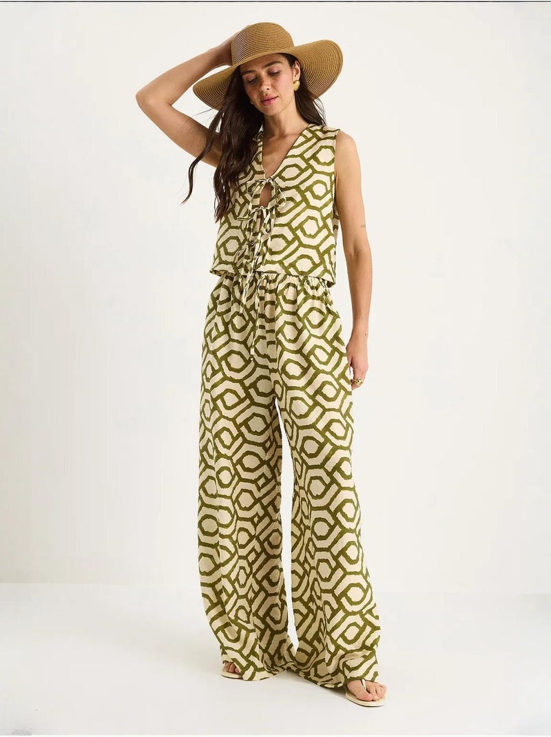 Conjunto de dos piezas de viscosa estampada con blusa con detalle anudado lucci Verde caqui - Kiabi