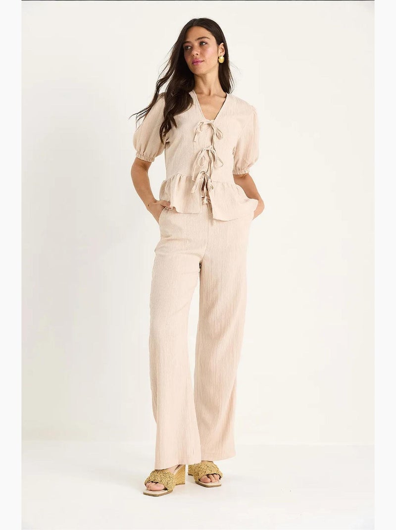 Conjunto de dos piezas texturizado con escote en v, cintura alta y pierna ancha lucci Beige arcilla - Kiabi