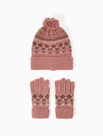 Conjunto de gorro y guantes de punto con jacquard