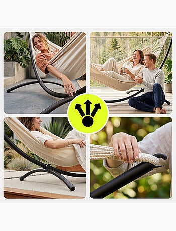 Conjunto de hamaca de jardín HyperMotion con soporte metálico arqueado negro y beige 200 x 150 cm
