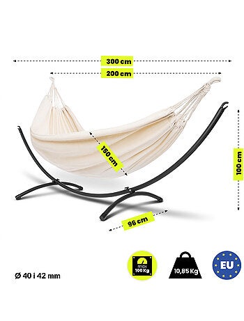 Conjunto de hamaca de jardín HyperMotion con soporte metálico arqueado negro y beige 200 x 150 cm