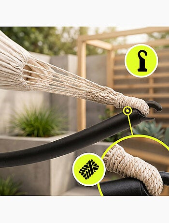 Conjunto de hamaca de jardín HyperMotion con soporte metálico arqueado negro y beige 200 x 150 cm