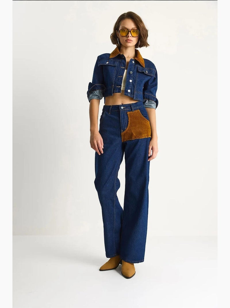 Conjunto de mezclilla de cintura alta con cuello camisero lucci Azul marino - Kiabi