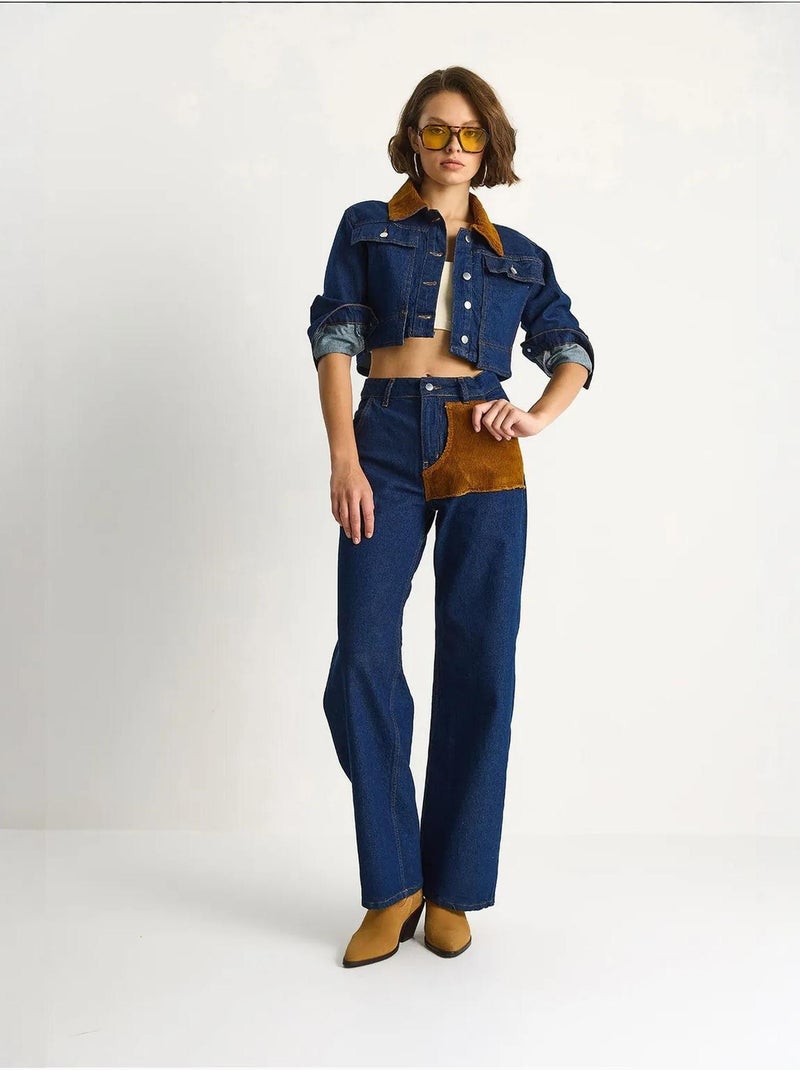 Conjunto de mezclilla de cintura alta con cuello camisero lucci Azul marino - Kiabi