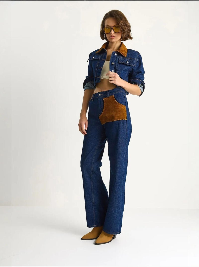 Conjunto de mezclilla de cintura alta con cuello camisero lucci Azul marino - Kiabi