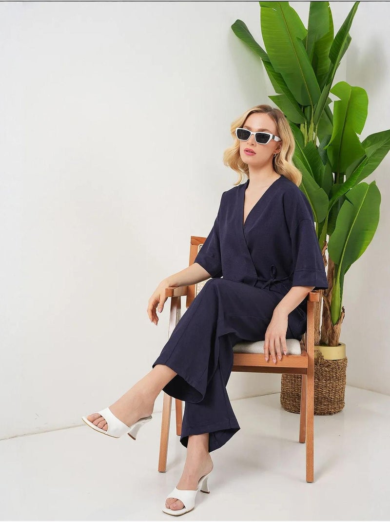 Conjunto de pantalón kimono con cuello en v extragrande y cierre de lazo bdart Azul marino - Kiabi