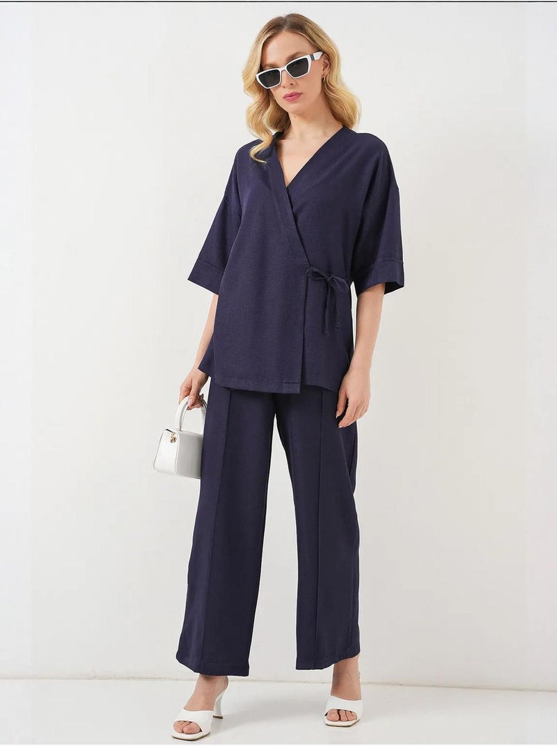 Conjunto de pantalón kimono con cuello en v extragrande y cierre de lazo bdart Azul marino - Kiabi