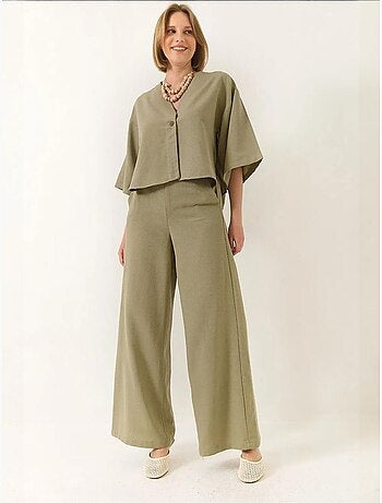 Conjunto de pantalón kimono palazzo de lino con mangas murciélago y cuello en v de bianco lucci