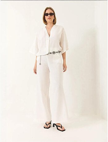 Conjunto de pantalón kimono palazzo de lino con mangas murciélago y cuello en v lucci