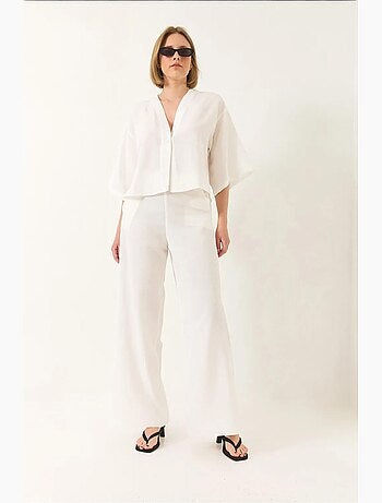 Conjunto de pantalón kimono palazzo de lino con mangas murciélago y cuello en v lucci