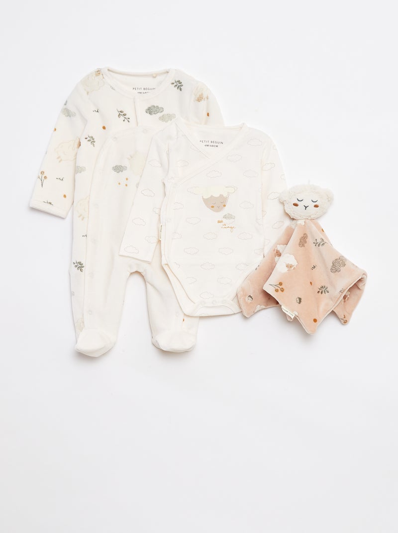Conjunto de pelele + body + doudou - 3 piezas Blanco - Kiabi