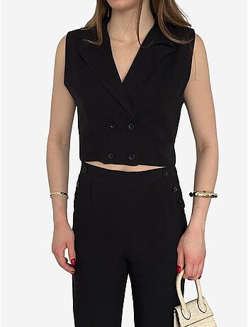 Conjunto de pernera ancha con cuello de pico abotonado de talle alto my fashion