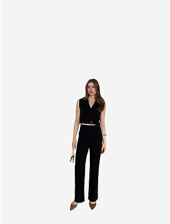 Conjunto de pernera ancha con cuello de pico abotonado de talle alto my fashion