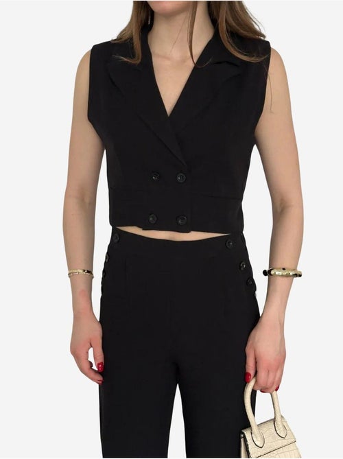 Conjunto de pernera ancha con cuello de pico abotonado de talle alto my fashion - Kiabi Conjunto de pernera ancha con cuello de pico abotonado de talle alto my fashion - Kiabi