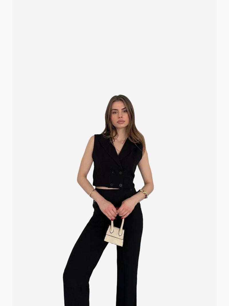 Conjunto de pernera ancha con cuello de pico abotonado de talle alto my fashion Negro - Kiabi