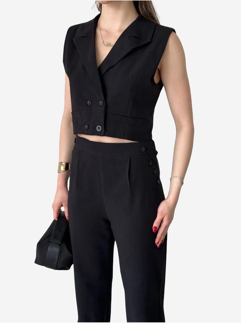 Conjunto de pernera ancha con cuello de pico abotonado de talle alto my fashion Negro - Kiabi