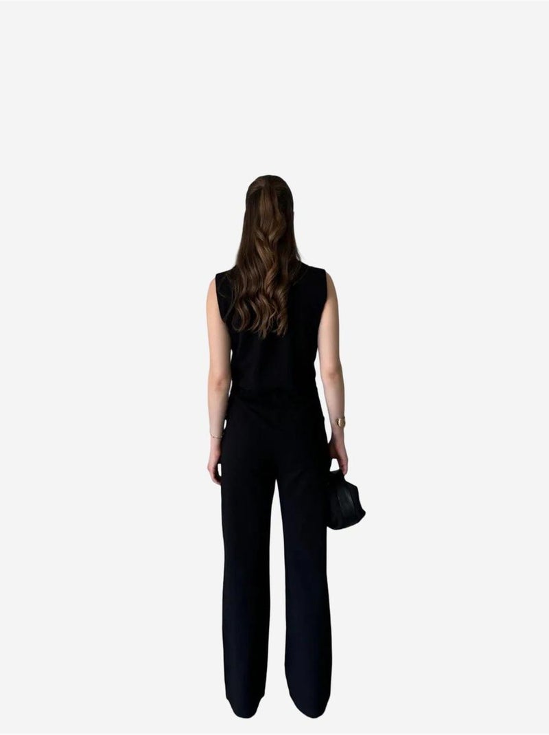 Conjunto de pernera ancha con cuello de pico abotonado de talle alto my fashion Negro - Kiabi