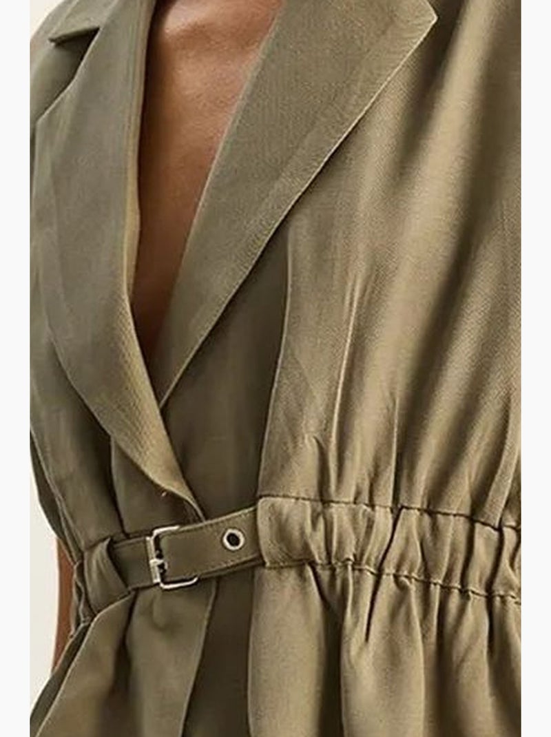 Conjunto de pernera ancha de talle alto con cuello de chaqueta lucci Caqui - Kiabi