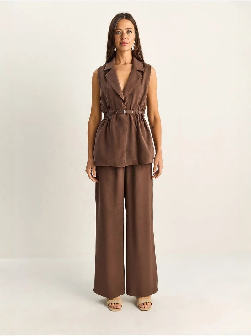 Conjunto de pernera ancha de talle alto con cuello de chaqueta lucci Marrón chocolate - Kiabi