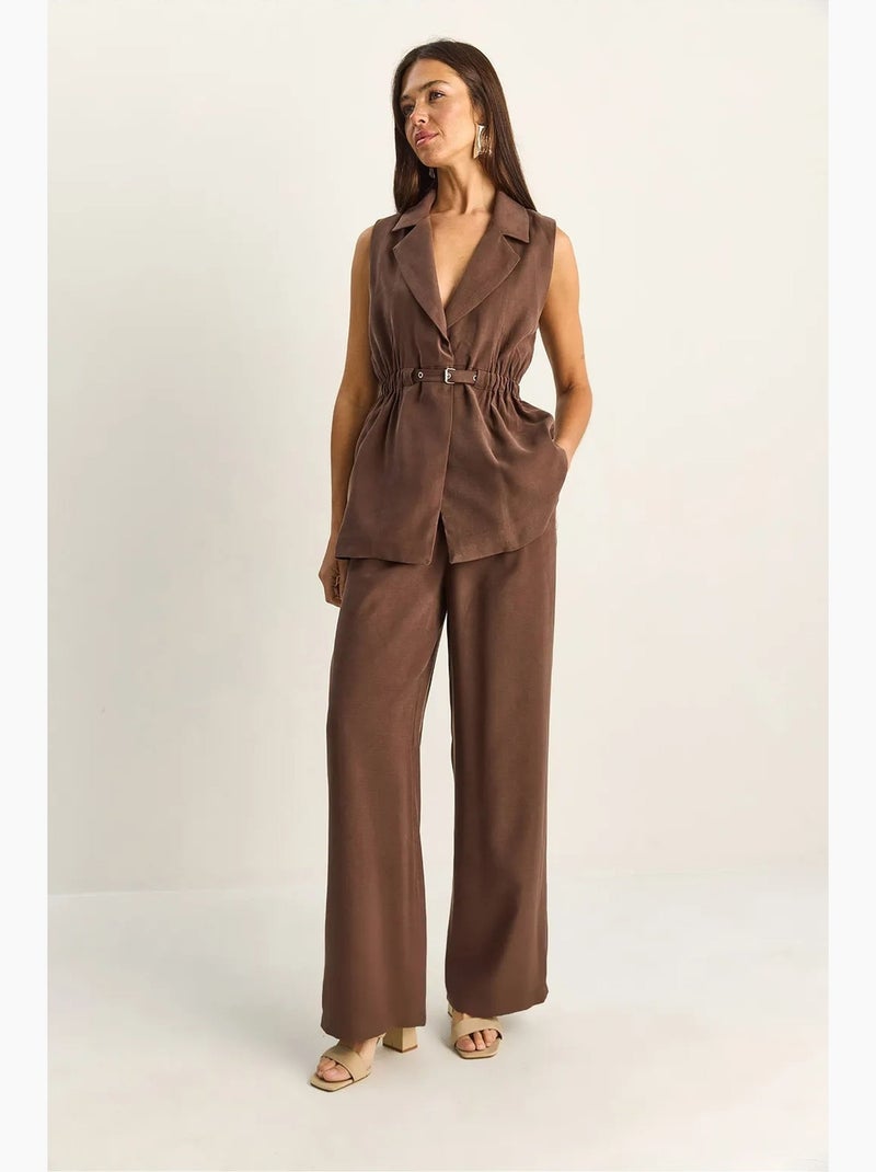 Conjunto de pernera ancha de talle alto con cuello de chaqueta lucci Marrón chocolate - Kiabi
