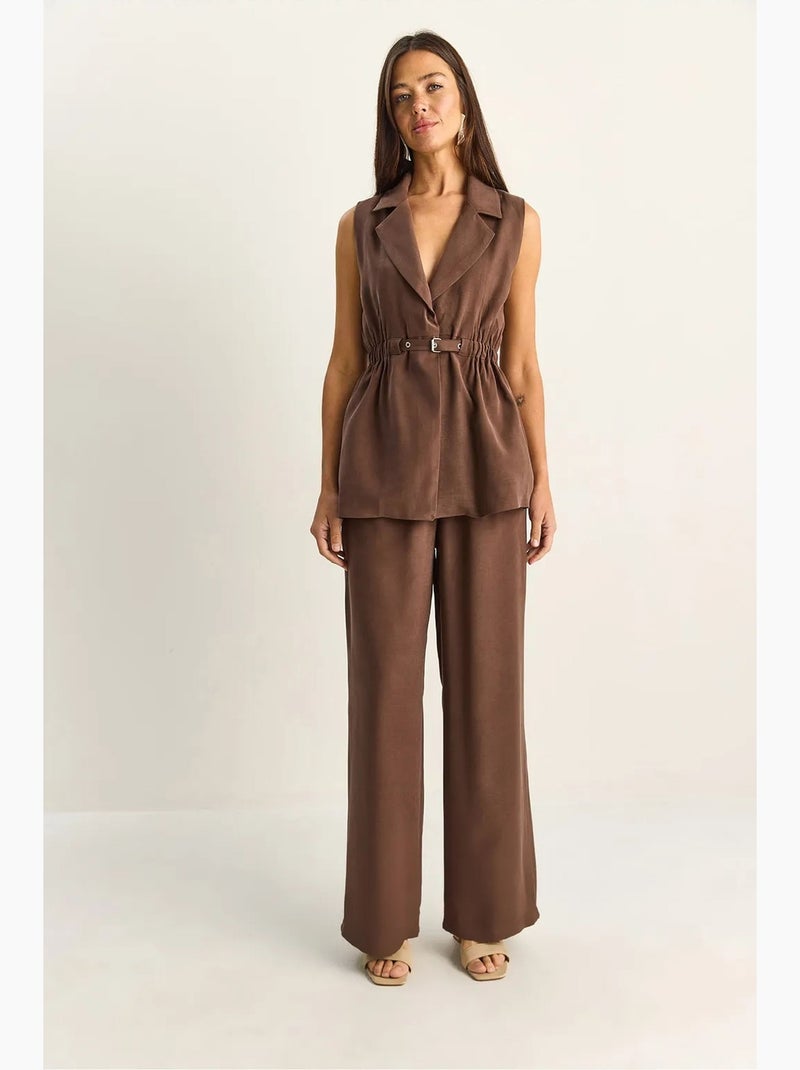 Conjunto de pernera ancha de talle alto con cuello de chaqueta lucci Marrón chocolate - Kiabi