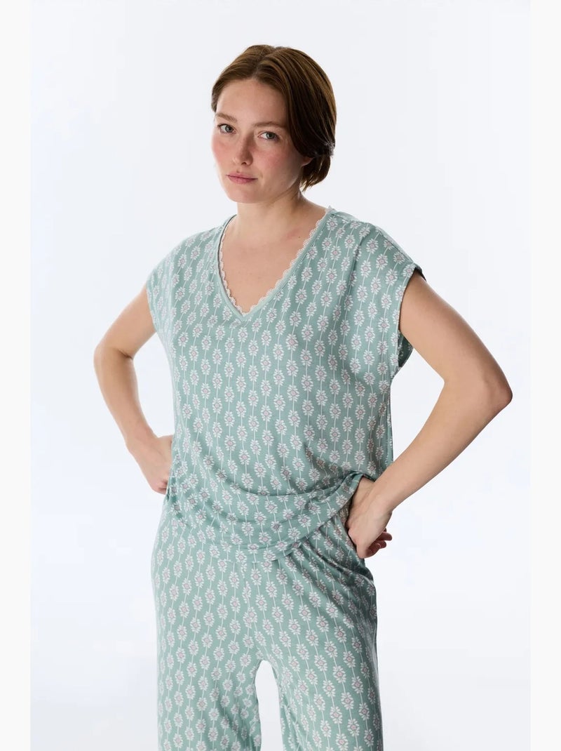 Conjunto de pijama alia capri trousers floral de manga corta penti Verde menta - Kiabi