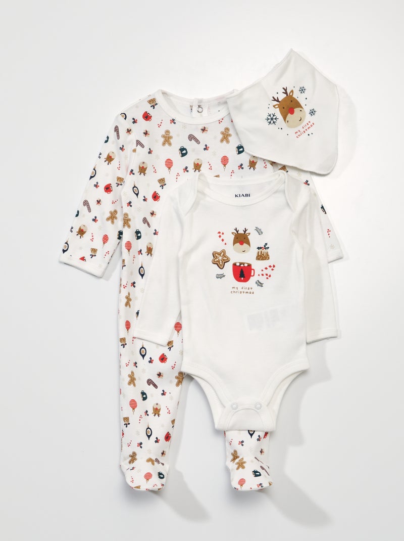 Conjunto de pijama + body + babero 'Navidad' BLANCO - Kiabi
