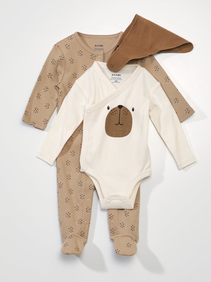Conjunto de pijama + body + babero 'perro' BEIGE - Kiabi